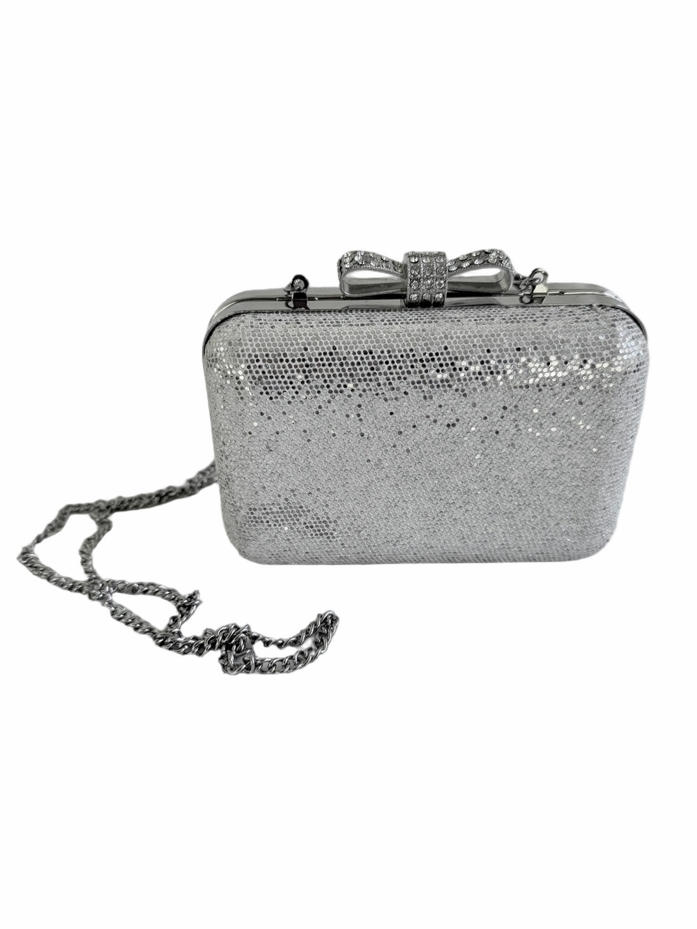 Le Regale Silver Rhinestone Bow Evening Bag Clutch NWOT